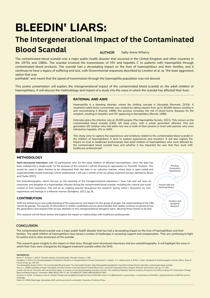 Bleedin' Liars:
The contaminated blood scandal was a major public health disaster that occurred in the United Kingdom and other countries in the 1970s and 1980s. The scandal involved the transmission of HIV and hepatitis C to patients with haemophilia through contaminated blood products. The scandal had a devastating impact on the lives of haemophiliacs and their families, and it continues to have a legacy of suffering and loss, with Governmental responses described by Leveton et al. as “the least aggressive option that was
justifiable” and meant that the speed of transmission through the haemophilia population was not slowed.

This poster presentation will explore the intergenerational impact of the contaminated blood scandal on the adult children of haemophiliacs. It will discuss the methodology and impact of a study into the ways in which the scandal has affected their lives.

Author
Sally-Anne Wherry

Methodology
Semi-structured interviews with 20 participants who are the adult children of affected haemophiliacs. Once the data has been collated into a single body, for the purpose of this research I will be drawing on approaches to Thematic Analysis. This would be used to allow themes to be interpreted from the data in an inductive manner, where data is open-coded and respondent/data-based meanings will be emphasised. I will use a variant of the six-phase analytical process defined by Braun and Clarke (2021)

Contribution
With the limited focus and understanding of the experiences and impact for this group of people, full understanding of the CBS cannot be gained. The paucity of information in written, published sources demonstrates that ripples continue to spread across the generations and requires that we pay attention to this intergenerational iatrogenic harm, allowing those stories to be told. 

This research will tell these stories and explore the impact on relationships with healthcare professionals.
The contaminated blood scandal was a major public health disaster that has had a devastating impact on the lives of haemophiliacs and their families. The adult children of haemophiliacs have faced a number of challenges in accessing support and compensation. They are continuing to fight for justice and to raise awareness of the scandal. 

This research gives insights to the impact on their lives, through semi-structured interviews and exo-autoethnography. It will highlight the ways in which their lives were changed by the biggest treatment scandal within the NHS.
Rational and Aims
This study aims to capture the experiences and emotions related to the contaminated blood scandal in the children of haemophiliacs. It aims to explore experiences and emotions. It will also explore the impact on trust in healthcare professionals that adult children of haemophiliacs who were affected by the contaminated blood scandal have and whether it has impacted the way that they work with healthcare professionals?
The Intergenerational Impact of the Contaminated Blood Scandal
Haemophilia is a bleeding disorder, where the clotting cascade is disrupted (Normark, 2019). A treatment called factor concentrate was created by taking plasma from up to 40,000 donors, pooling it, and concentrating it (Resnik, 1999); this process increases the risk of blood borne diseases for the recipient, resulting in hepatitis and HIV appearing in hemophiliacs (Resnik, 1999).

Estimates place the infection rate at 25,000 people (The Haemophilia Society, 2021). This, known as the contaminated blood scandal (CBS), left deep scars, with a whole generation affected. This lost generation left children who had either lost one or both of their parents or lived with parents who were infected by hepatitis, HIV or AIDS.

Exo-Autoethnography, which focuses on the meaning of the transgenerational experience I have had and will have as researcher and daughter of a haemophiliac infected during the contaminated blood scandal, including the cultural and social context of that experience. This will be an ongoing process throughout the research, during which I document my own experiences and feelings in a reflexive manner (Denejkina, 2021, pg. 9).
